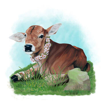 Amorevole vitello seduto in un prato con una ghirlanda di margherite al collo. Dipinto.