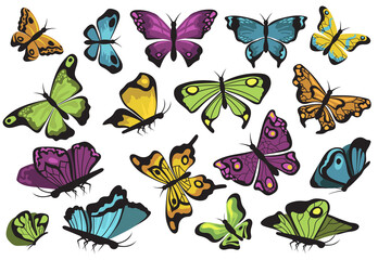 Colorful butterflies set. Beautiful moths with big multicolored wings isolated on white. Vector illustrations collection for tattoo templates, wildlife or nature concept