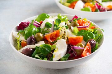 Fresh green salad with cherry tomato, mozzarella and olives.