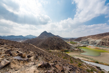 beautiful mountain landscape. hiking track in Fujairah,  Hajar mountains. 