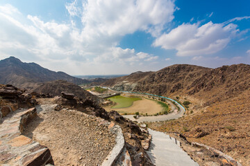 beautiful mountain landscape. hiking track in Fujairah,  Hajar mountains. 