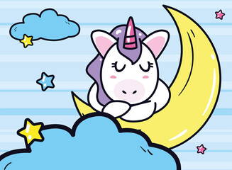 unicorn horse cartoon sleeping on moon with stars and clouds vector design
