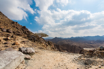 beautiful mountain landscape. hiking track in Fujairah,  Hajar mountains. 