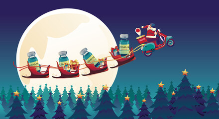 Santa Claus transporting happiness In Christmas and New Year, the COVID-19 vaccine is delivered to people. a vaccine vial, Vaccine development ready for treatment vector flat design illustration