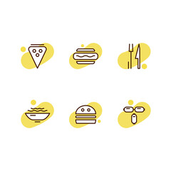 Set of vector icons on the theme of meat. Brown stroke and yellow background at each icon.
