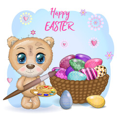 Obraz premium Cute bear with a brush and an ornate egg, phrase Happy Easter. Easter eggs, branches with leaves, flowers