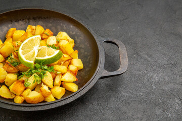 front view tasty fried potatoes inside pan with lemon slices on a dark background photo food cuisine meal color