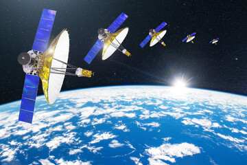 Group of satellites with dish antennas in orbit around the Earth, for communication and monitoring...