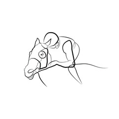 Jockey on a horseback drawn by one line. Black line vector illustration on white background