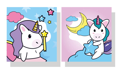 unicorns horses cartoons with star stick and moon in frames vector design