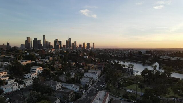 Echo Park Lake with view of downtown Los Angeles 