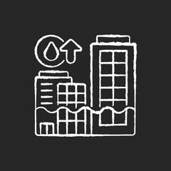 Rising seas chalk white icon on black background. Melting of land based ice sheets and glaciers. Worldwide problems. People damaging ecosystem of planet. Isolated vector chalkboard illustration