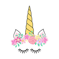 Cute unicorn face. Funny character with rose flowers. Card and shirt print design. Colorful