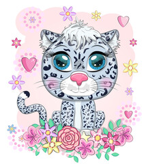 Cartoon snow leopard with expressive eyes. Wild animals, character, childish cute style.