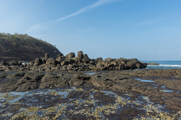 Panoramic view of rocks with seaside lichens growth at Velneshwar beach, Maharashtra, India