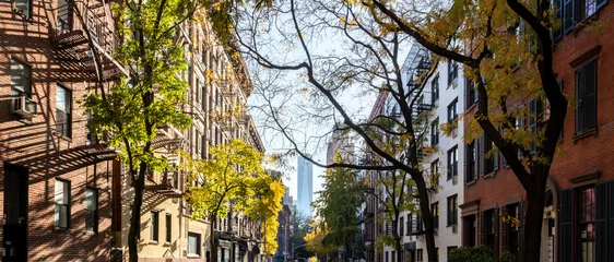 Foto auf Glas Panoramic view of colorful fall scene on Sullivan Street in the SoHo neighborhood of New York City © deberarr