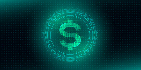 Digital currency USA dollar sign on abstract HUD technology background. Futuristic hi-tech digital money.Electronic economy of the future. Vector illustration - obrazy, fototapety, plakaty