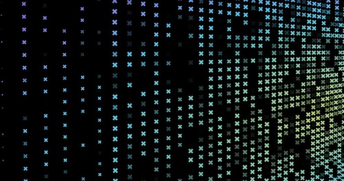 Abstract background concept for data network and analysis. Grid of glowing bright point and geometric pattern moving on dark background. Technology data visualization transfer. Connection and network