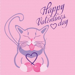 Happy Valentine’s Day card with pink cat. The kitty holds a cherry in the form of hearts. Vector illustration