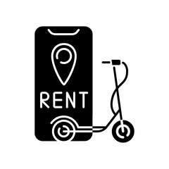 Electric scooter rental black glyph icon. Service in which electric motorized scooters are made available to use for short term rentals. Silhouette symbol on white space. Vector isolated illustration