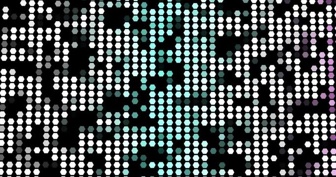 Abstract background concept for data network and analysis. Grid of glowing bright point and geometric pattern moving on dark background. Technology data visualization transfer. Connection and network