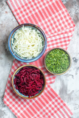 top view sliced cabbage with beet and greens on a white background color salad food health diet life