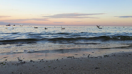 Fototapeta premium Gdynia beach in the colors of the setting sun, Poland