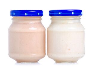 Jar baby food meat on white background isolation