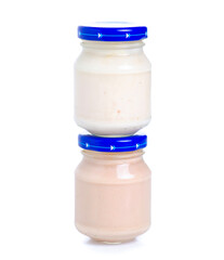 Jar baby food meat on white background isolation
