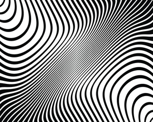 Line art optical art. Psychedelic background. Monochrome background. Optical illusion style. Black dark background. Modern pattern. Abstract graphic texture. Graphic ornament. Vector template
