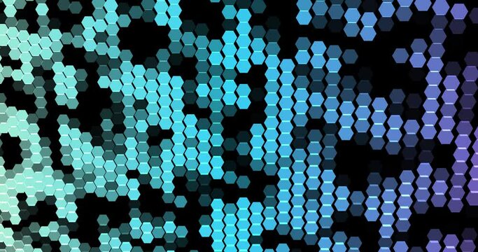 Abstract background concept for data network and analysis. Grid of glowing bright point and geometric pattern moving on dark background. Technology data visualization transfer. Connection and network