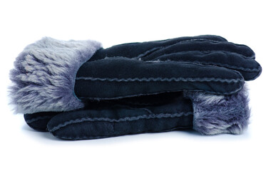 Women's warm gloves with fur on white background isolation