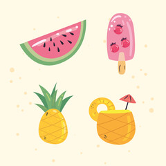 Summer watermelon ice cream pineapple and cocktail vector design