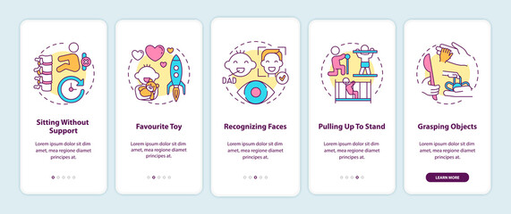 Early child development onboarding mobile app page screen with concepts. Baby abilities and skills walkthrough 5 steps graphic instructions. UI vector template with RGB color illustrations