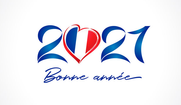 2021 love France with Bonne Annee french text - Happy New Year calligraphy banner. Stylish blue digits vector illustration for Xmas holiday, greeting card or poster