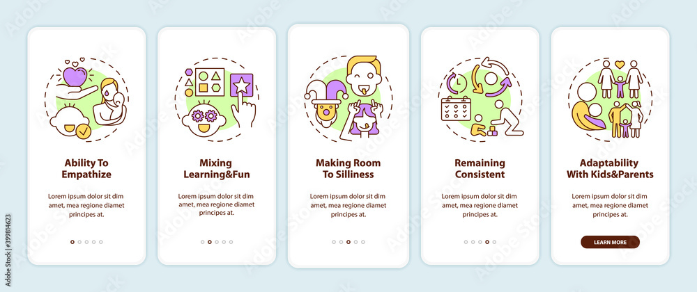 Poster baby learn and play onboarding mobile app page screen with concepts. emotional development. parentho