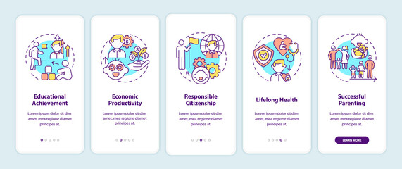 Childhood development onboarding mobile app page screen with concepts. Personal responsibility growing up walkthrough 5 steps graphic instructions. UI vector template with RGB color illustrations