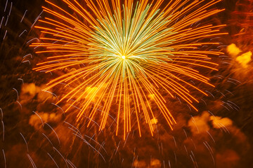 Colorful golden firework bursting exploding in dark sky. Flying sparks of holiday fireworks,...