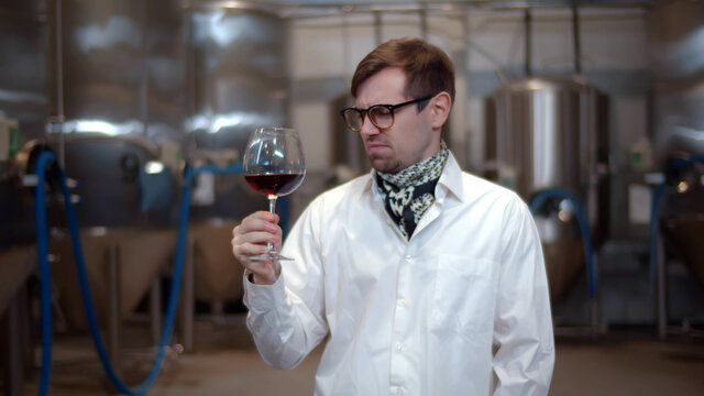 Man sommelier in lab coat tasting wine at modern wine factory