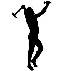 The silhouette of a man in profile hammers a large nail. Vector illustration of a man with his hand raised on a white background isolated.