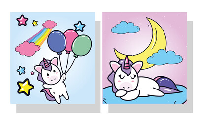 Fototapeta na wymiar unicorns horses cartoons with balloons and moon in frames vector design