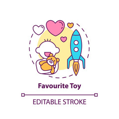 Favourite toy concept icon. Toddler with stuffed animal. Rocket toy. Early childhood development idea thin line illustration. Vector isolated outline RGB color drawing. Editable stroke