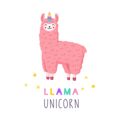 Cute llama unicorn, colorful vector illustration isolated on white background.