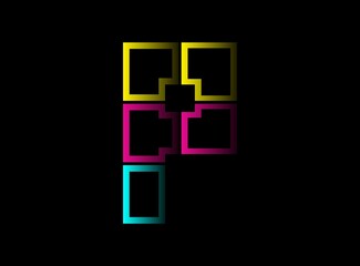 Obraz premium P letter cmyk color vector desing logo. Dynamic split blue, pink, yellow color on black background. For social media,design elements, creative poster, web template and more