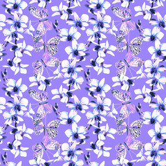 Orchids with butterfly insect seamless pattern.