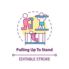 Pulling up to stand concept icon. First step to walking. Baby physical ability. Early childhood development idea thin line illustration. Vector isolated outline RGB color drawing. Editable stroke