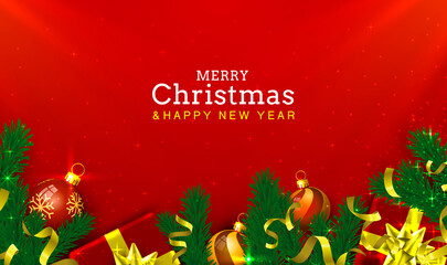 Merry Christmas Happy New Year tree with toys, card banner. Vector