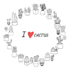 Collection of hand drawn cacti. Big set cute of hand drawn house plants in pots including cactus, dracena, aloe and others, and garden tools. Vector collection of doodle plants.