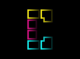 C letter cmyk color vector desing logo. Dynamic split blue, pink, yellow color on black background. For social media,design elements, creative poster, web template and more