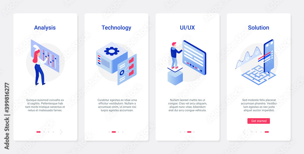 Aufkleber Data analysis smart solutions vector illustration. UX, UI onboarding mobile app page screen set with line service report, analyzing technology for business process, account database optimization
